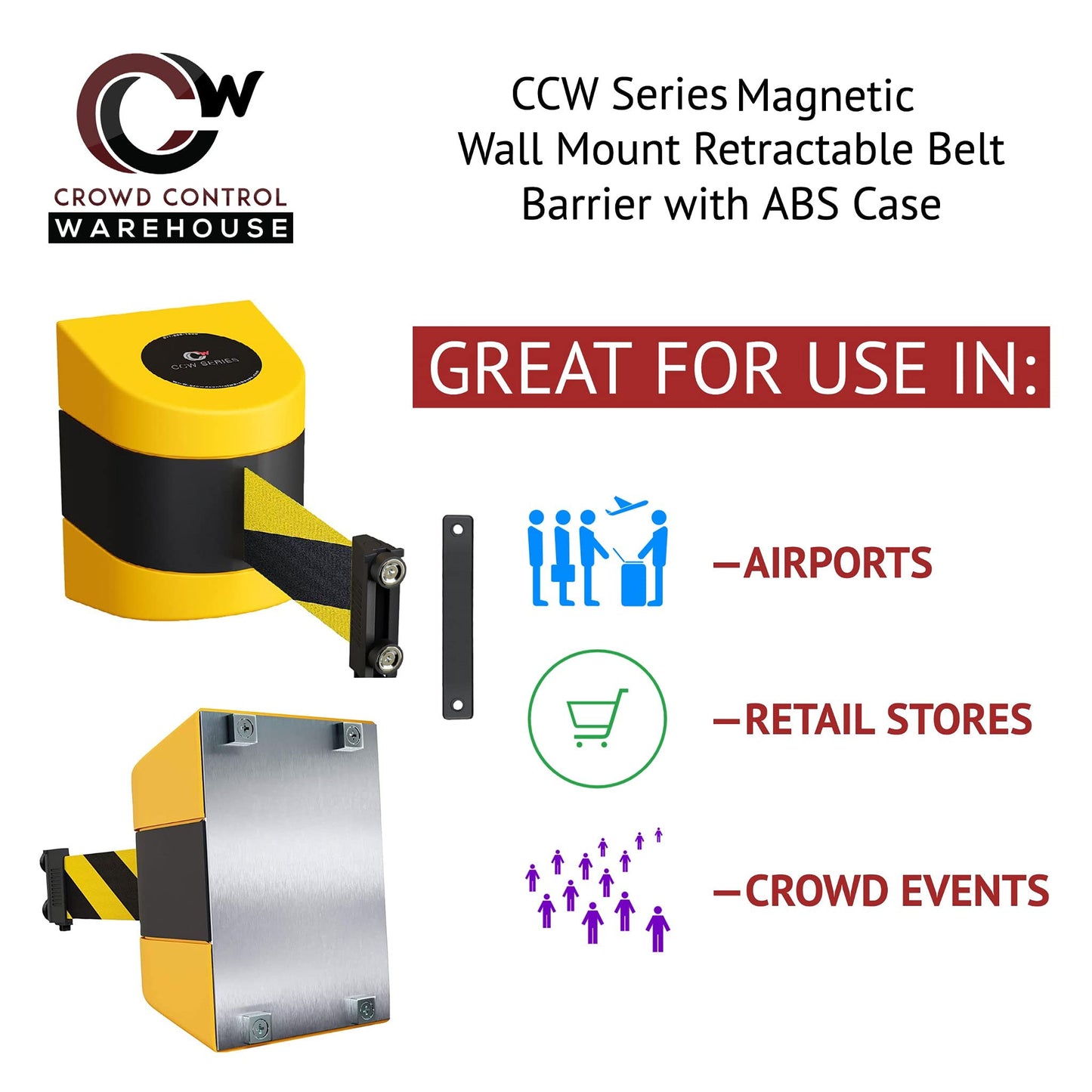 CCW Series WMB-230 Magnetic Wall Mount Retractable Belt Barrier (30 Foot Belt, Black and Yellow Diagonal Belt with Yellow ABS Case)