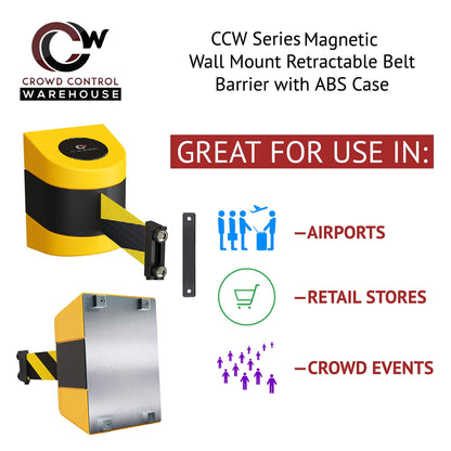 CCW Series WMB-230 Magnetic Wall Mount Retractable Belt Barrier (30 Foot Belt, Black and Yellow Diagonal Belt with Yellow ABS Case)