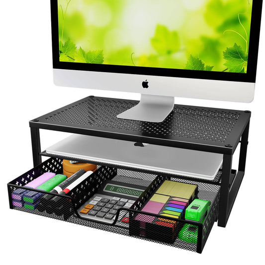 Simple Trending Metal Monitor Stand Riser and Computer Desk Organizer with Drawer for Laptop, Computer, iMac, Black