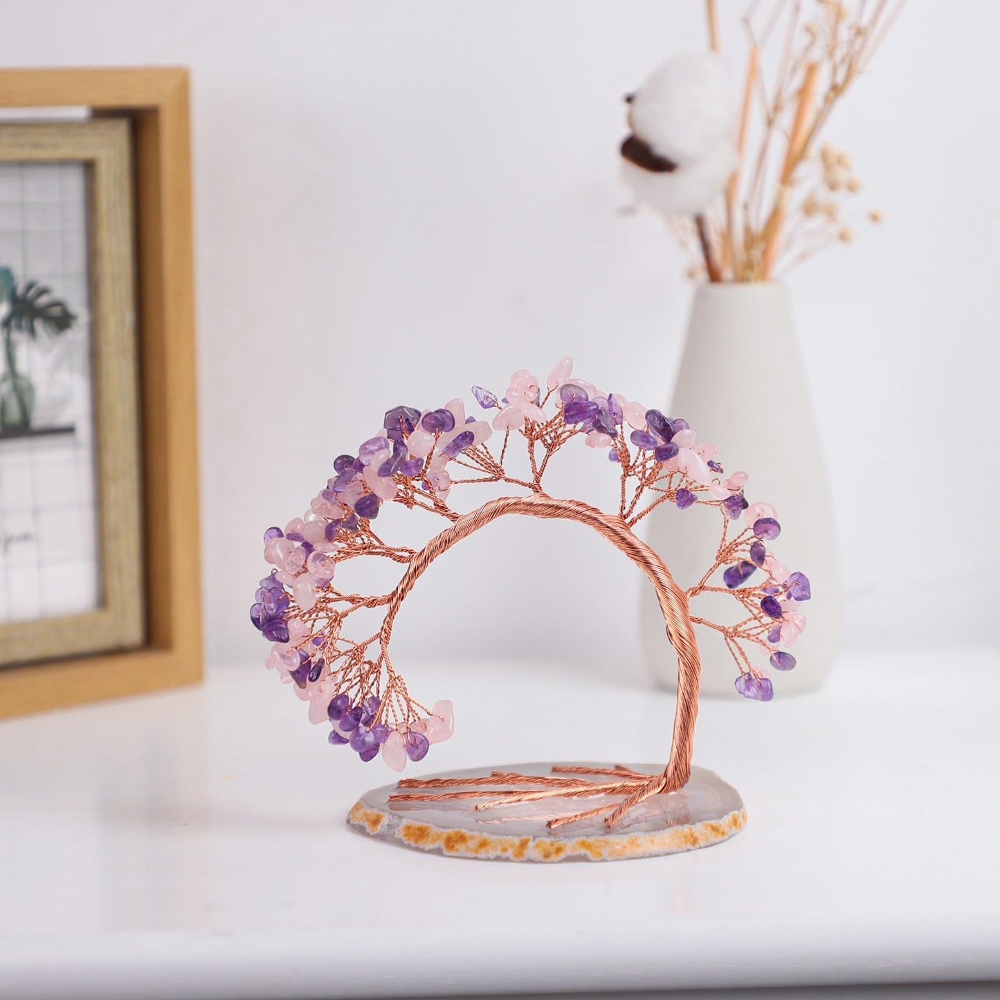 dssmboom Handmade Amethyst & Rose Quartz Crystal Tree on Agate Slice Base, Feng Shui Stone Money Tree Bonsai for Home Office Decoration, 4.5"-5.2"