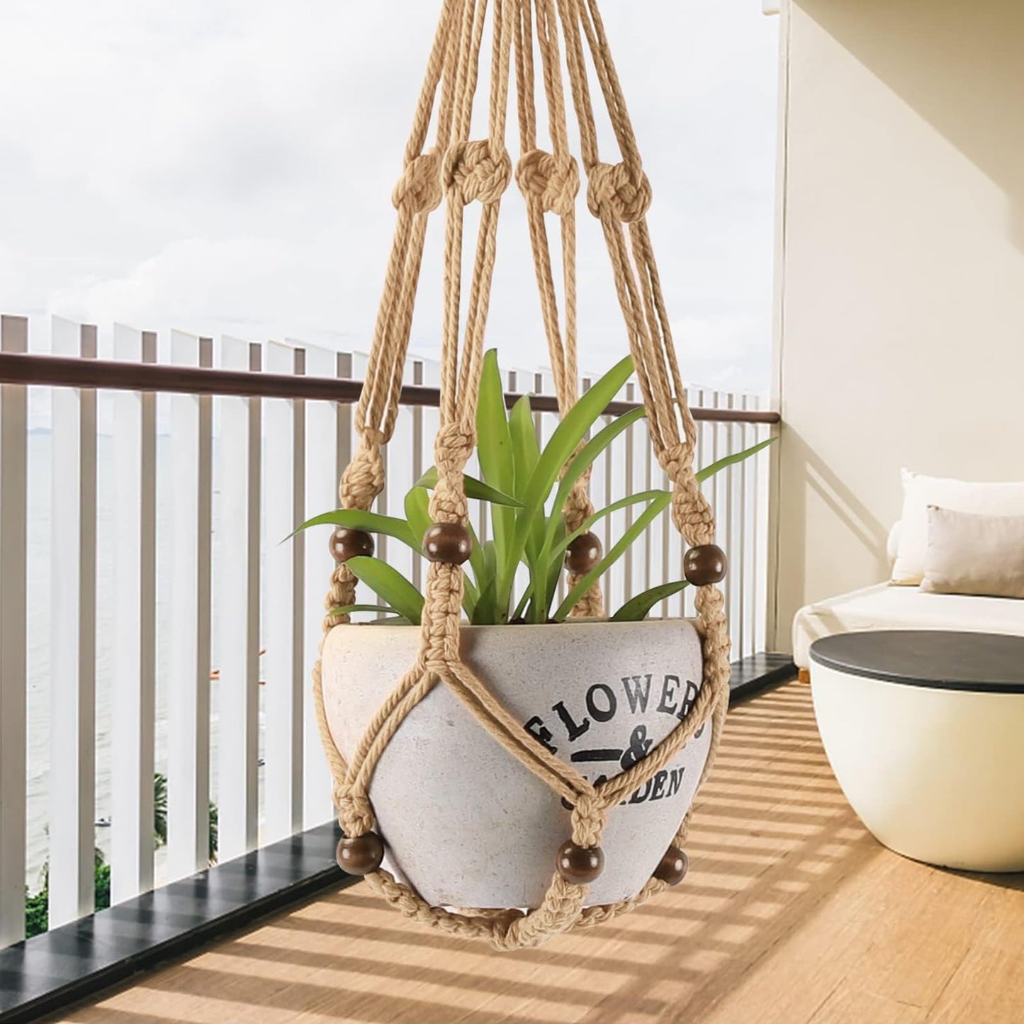 MKO SHUN 3-Pack Macrame Plant Hanger Indoor - Hanging Planter Basket for Indoor Outdoor - Decorative Boho Plant Holders Set with Beads - Ceiling Flower Pot Holder with 6 Hooks - 35"/30"/24" Linen