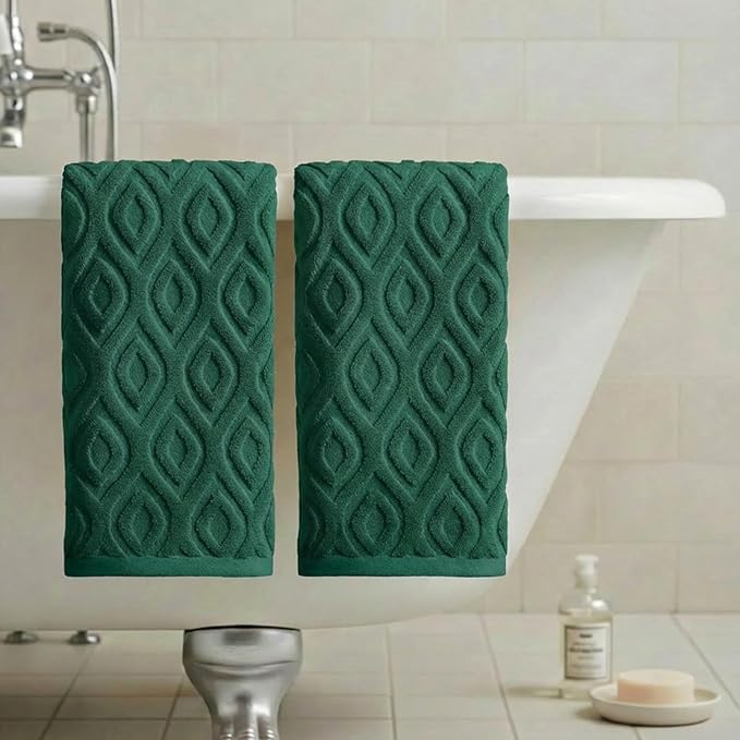 Artoid Mode 2 Pcs Dark Green 3D Diamond Grid Jacquard Hand Towels