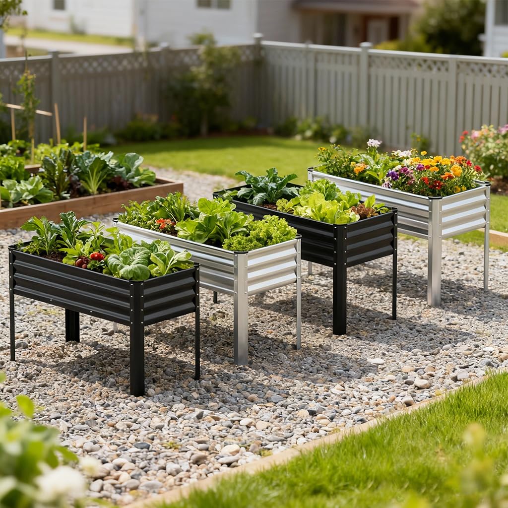 COMHOMA 2 Pack Raised Garden Bed with Legs 4x2x2.5ft,Large Elevated Galvanized Metal Planter Box with Drainage Holes,Outdoor Growing Kit with Gloves Tools for Backyard Patio Lawn,Black