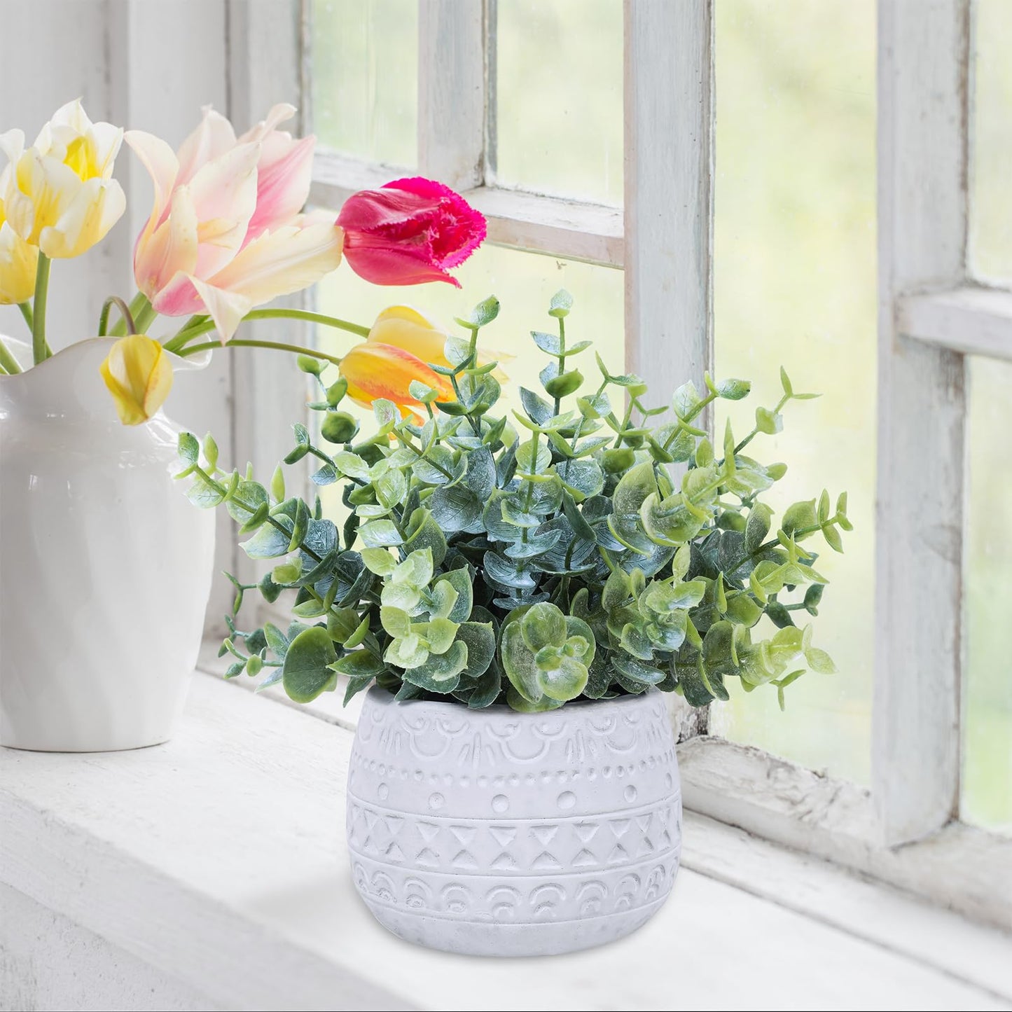 Winlyn Set of 2 Small Artificial Potted Plants Faux Eucalyptus Plant in White Geometric Ceramic Pots Small Desk Potted Plants 7.1" Tall for Home Office Room Decorations Wedding Greenery Centerpiece