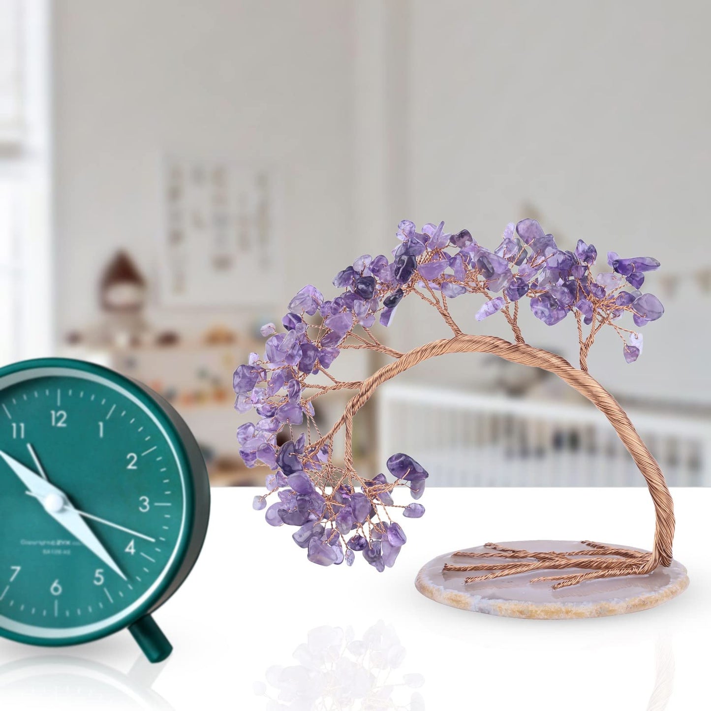 TUMBEELLUWA Reiki Crystal Money Tree with Agate Slice Base Feng Shui Stone Bonsai Tree Figure Decor for Happiness Good Luck and Wealth, Amethyst Stones