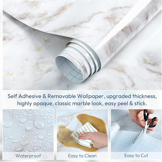rabbitgoo Glossy Marble Contact Paper Peel and Stick Wallpaper 11.8" x 78.7"