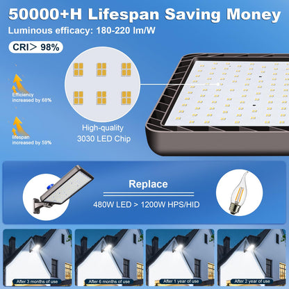 ledmo 480W LED Parking Lot Lights,Super Bright 72000LM for Large Area Lighting,IP65 Waterproof LED Street Light with Dusk to Dawn Adjustable Wall Mount Commercial Parking Lot Lights Outdoor