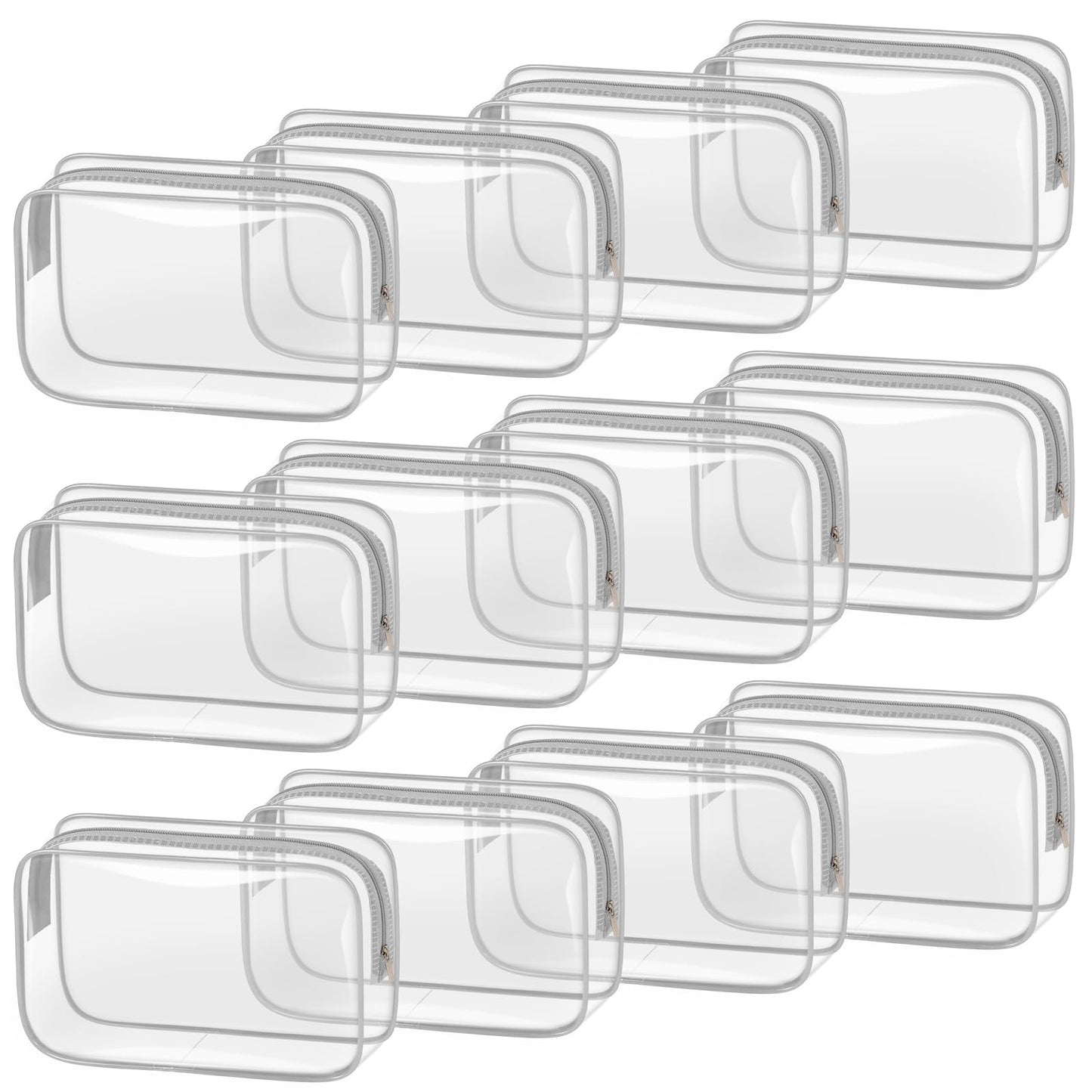 TISRATOK 12 PCS Clear Makeup Bag for Women with Zipper, TSA Approved Toiletry Pouch, Cosmetic Bag Bulk for Travel Organizer Essentials - Grey,Medium