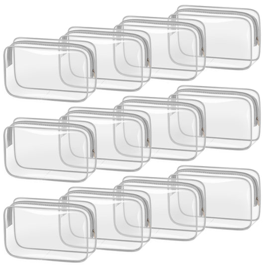 TISRATOK 12 PCS Clear Makeup Bag for Women with Zipper, TSA Approved Toiletry Pouch, Cosmetic Bag Bulk for Travel Organizer Essentials - Grey,Medium