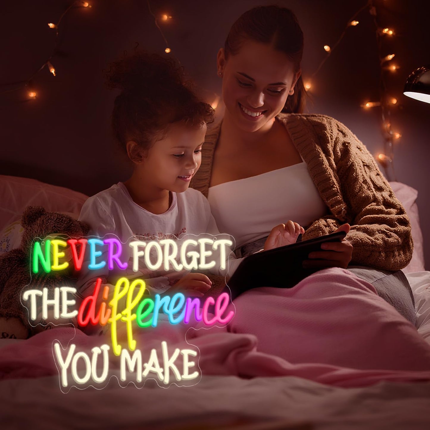 Never Forget The Difference You Make Neon Sign, Dimmable LED Neon Signs for Wall Decor, USB Powered Neon Light Sign Wall Art for Bedroom Christmas Party Classroom Decoration 16.14 x 11.81"