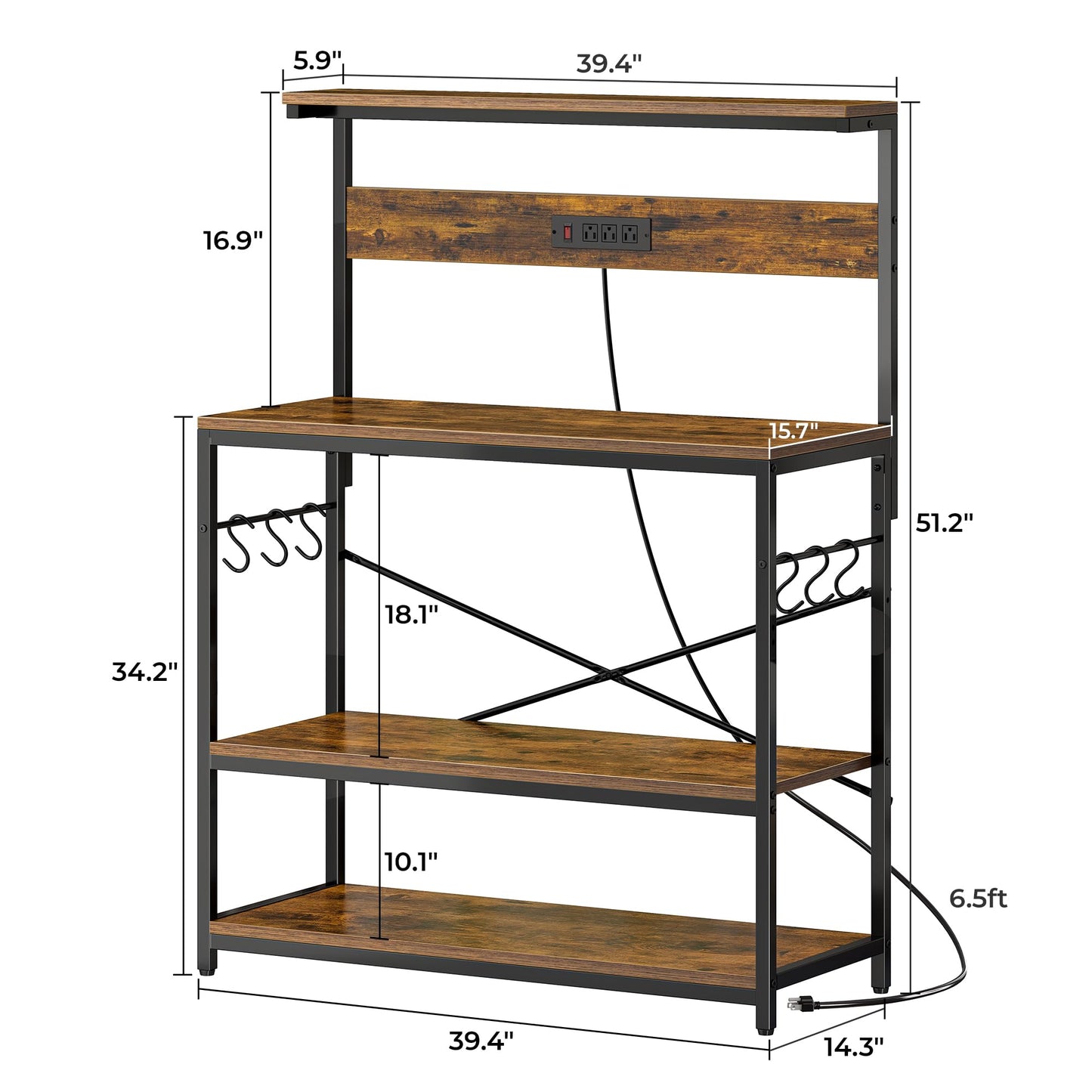 SUPERJARE Kitchen Bakers Rack with Power Outlet, Coffee Bar Table 4 Tiers, Kitchen Microwave Stand with 6 S-shaped Hooks, Storage Shelf Rack for Spices, Pots and Pans - Rustic Brown