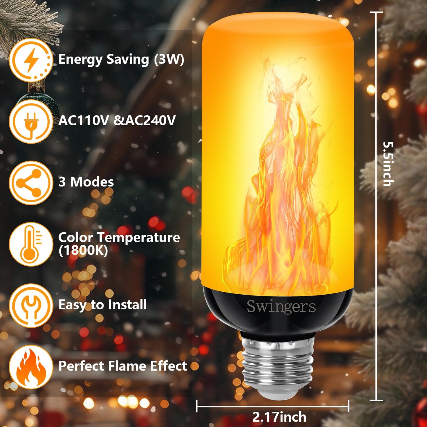 Swingers Upgraded LED Flame Light Bulbs,3 Modes Flickering Light Bulbs,E26 Base Fire Flame Bulb for Christmas Decorations Outdoor, Halloween Lights Patio Indoor Home Decor (Yellow, 2 Pack)