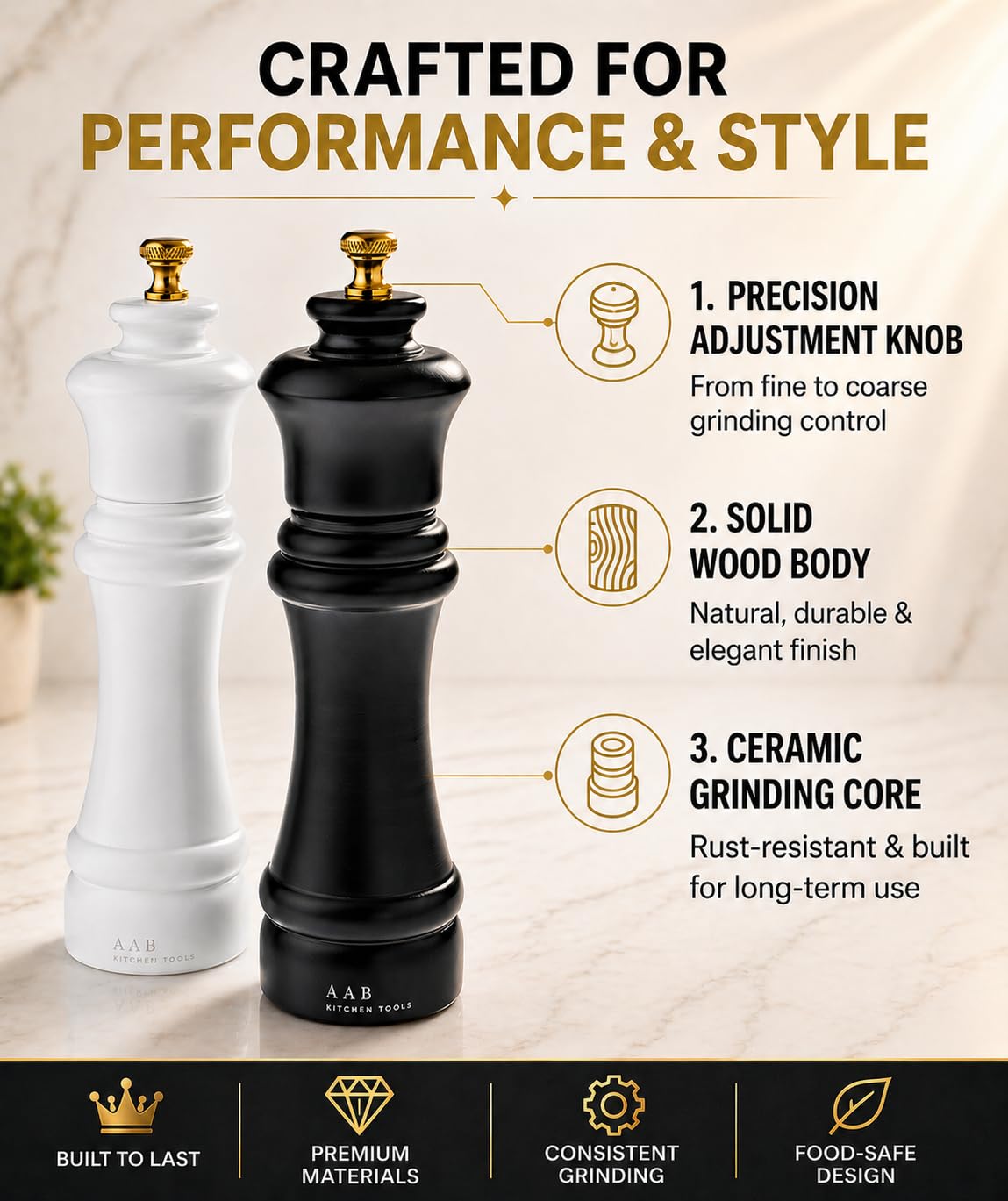 AAB Kitchen Tools Wooden Black and White Manual Refillable Large Salt and Pepper Grinder Set, Shaker with Adjustable Ceramic Grinding Mechanism for Customized Coarseness, 8 Inches, Pack of 2