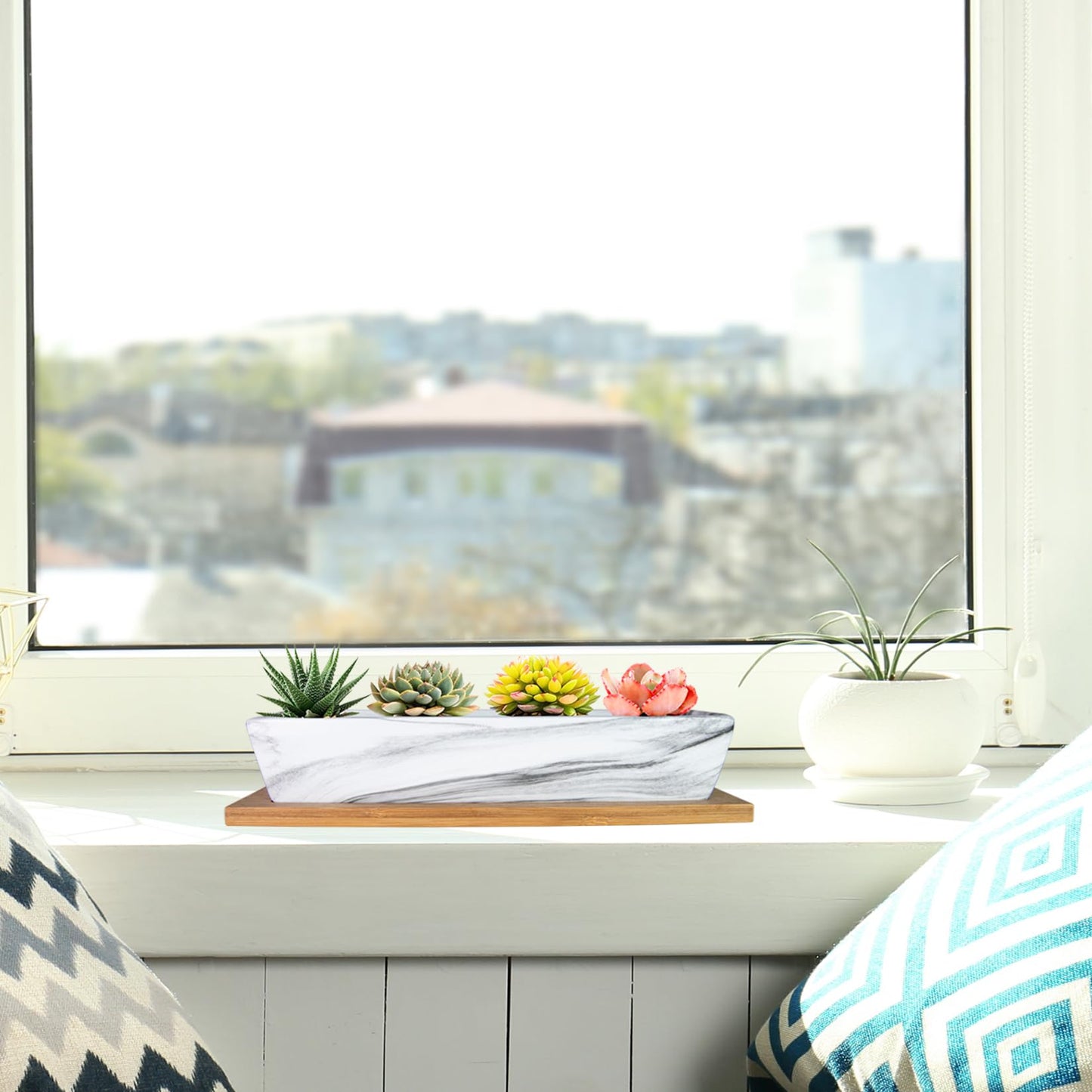 ARTKETTY Succulent Pots, 9.8 Inch Ceramic Succulent Planters with Drainage Small Bonsai Pot with Bamboo Tray, Mini Cactus Flower Planter Pot Shallow Rectangular Window Planters for Indoor Plants