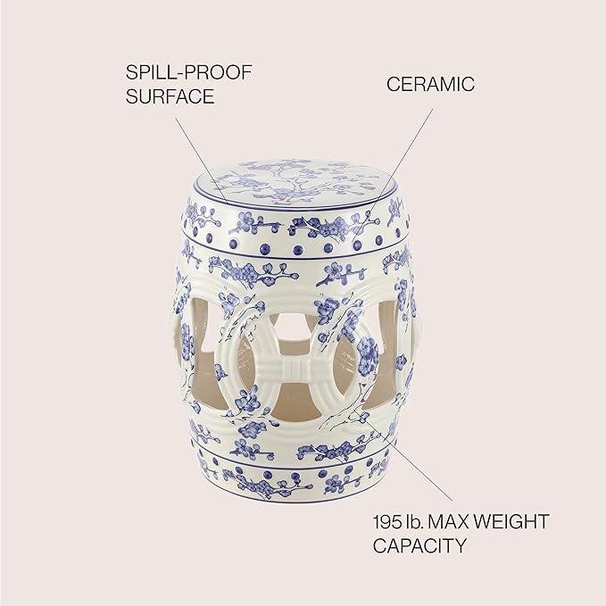 JONATHAN Y TBL1027A Lucky Coins 16" Chinese Ceramic Drum Indoor/Outdoor Garden Stool Bohemian, Coastal, Classic, Cottage, French Country, Patio, Garden Room, Bathroom, Living Room, Blue/White