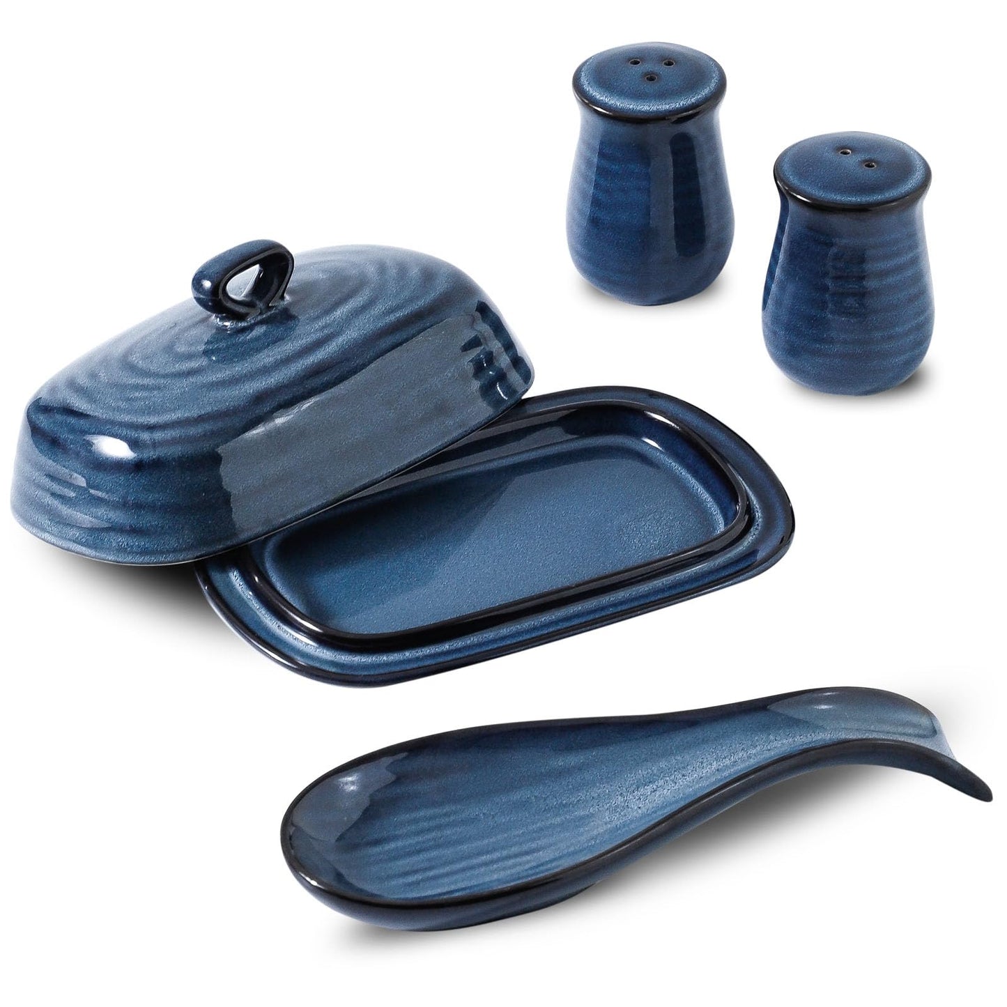 Hasense Ceramic Butter Dish and Spoon Rest, Salt and Pepper Shakers 4 in 1 Set, 7.3 Inch Butter Dish with Lid and 8.7 Inch Spoon Holder for Stove Top, 2.2 Inch Salt Shakers for Kitchen Cooking, Blue