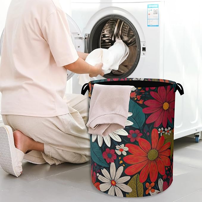 Retro Red Daisy Flowers Laundry Hamper, Dirty Clothes Laundry Basket