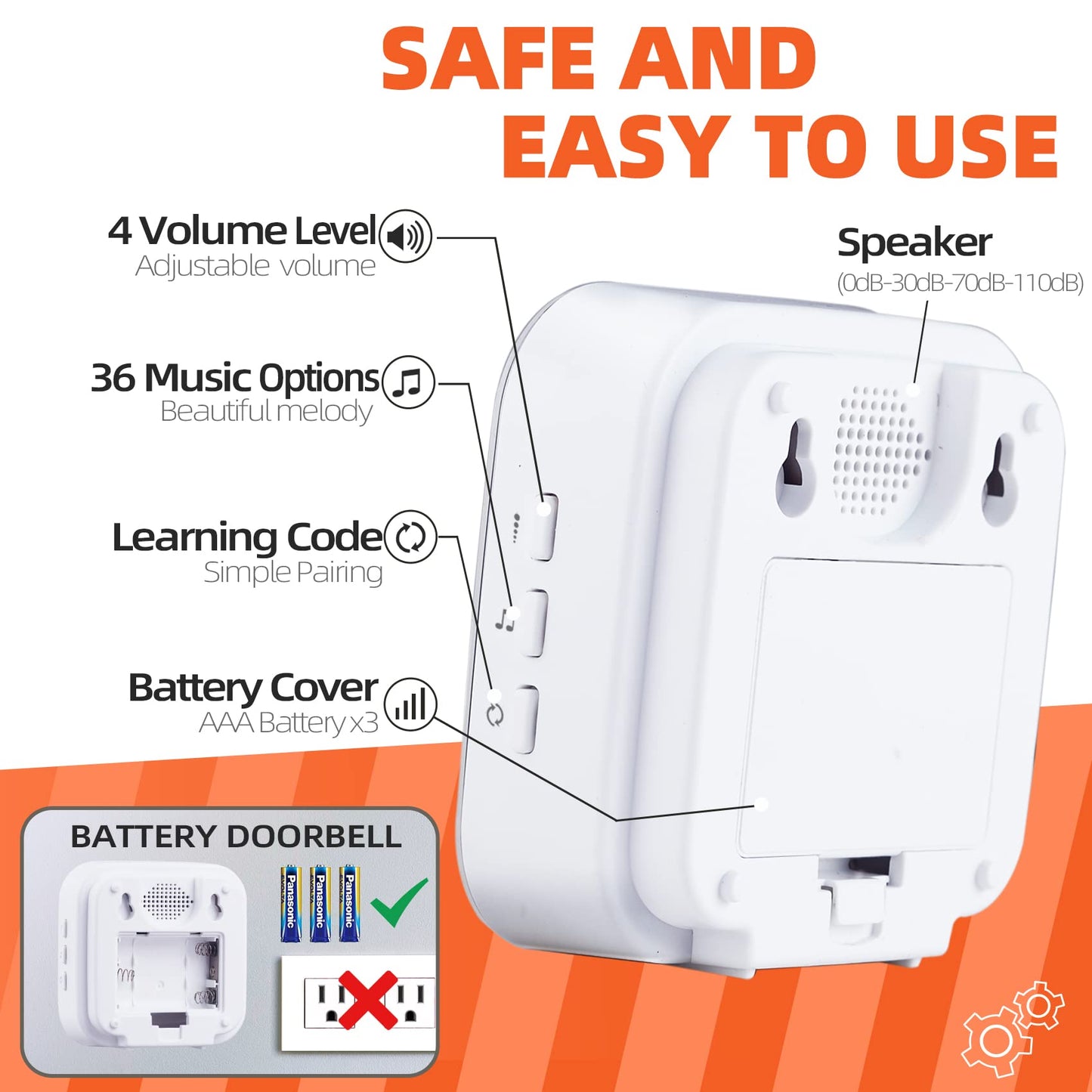 Wireless Doorbells for Home Battery Operated Doorbell at 1200 Feet with Flashing Light 36 Melodies 4 Volume Levels (2 Portable Receivers & 1 Touch Button White）JSIEEM