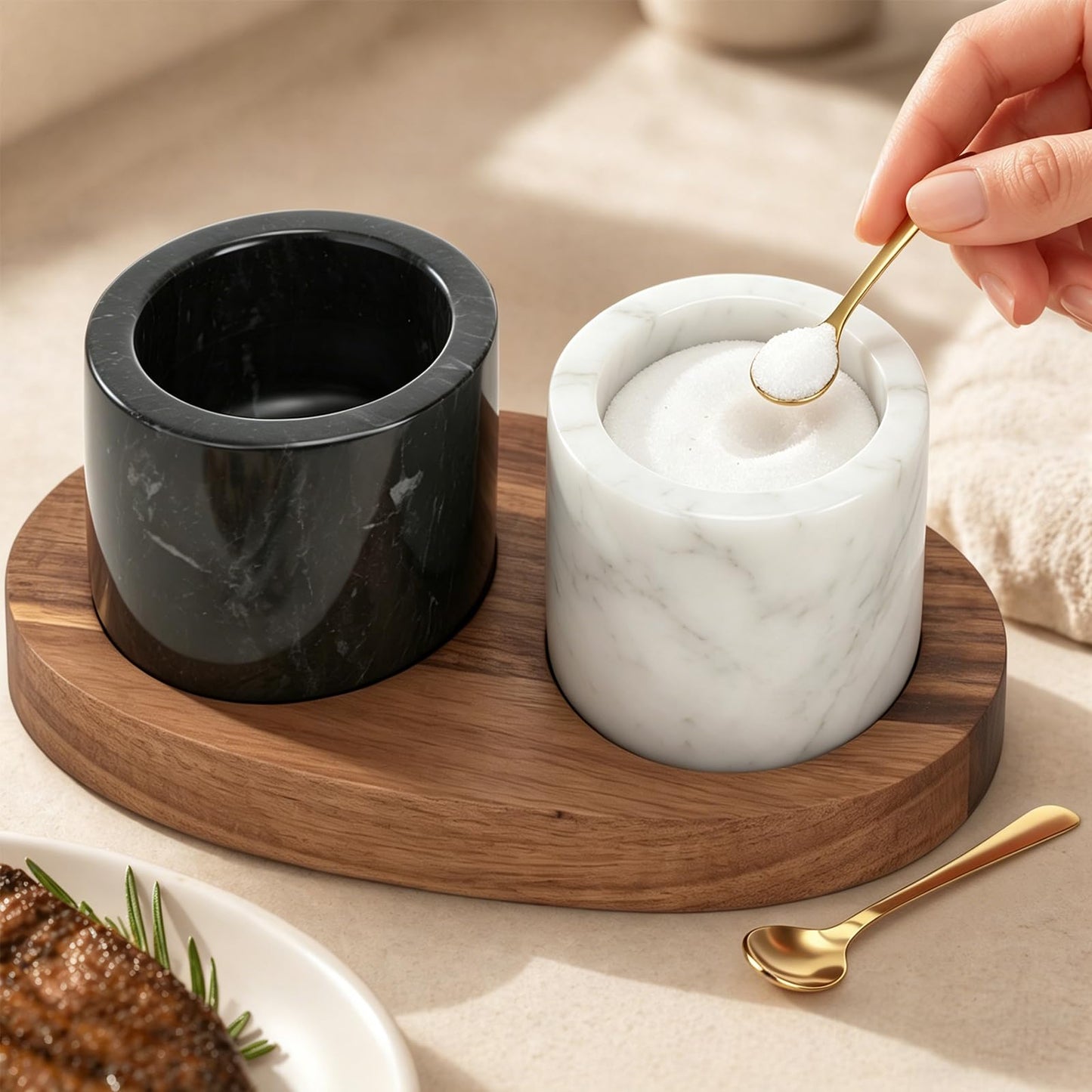 FoldTier 2 Pcs Salt and Pepper Bowls with Spoons on Wooden Tray Marble Salt and Pepper Containers Set with Base for Countertop, Modern Kitchen Black White Storage Decorations
