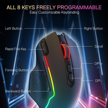 Redragon M810 Pro Wireless Gaming Mouse, 10000 DPI Wired/Wireless Gamer Mouse w/Rapid Fire Key, 8 Macro Buttons, 45-Hour Reliable Power Capacity and RGB Backlit for PC/Mac/Laptop