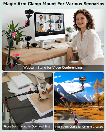 JEBUTU 22" Magic Arm w Clamp Mount, Overhead Desk Phone Mount Stand, Adjustable Articulating Friction Camera Boom Arm w 1/4" Thread for Phone Video Light Webcam Action Camera Tripod Mic