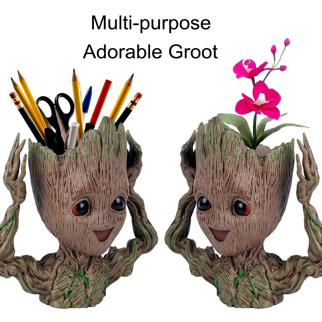 WT WINGTENG 6" Cute Baby Groot Planter Pot, Smile Face Planters Head for Indoor Plant or Funny Pen Holder Flower Pot with Drainage Hole for a Tiny Succulents Plants Home Office Decor Gift Idea