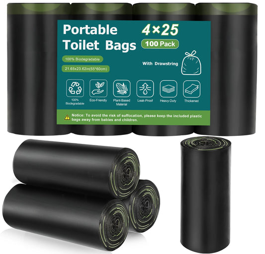 100 Portable Toilet Bags, Camping Toilet Bags, Biodegradable Toilet Bags with Drawstring & Lemon Scent, Compostable Bags for 5-8 Gallon Bucket Toilet Seat for Outdoor Camping Car Travel