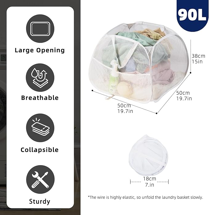 Collapsible Laundry Basket 90L, Foldable Mesh Pop-up Laundry Hamper
