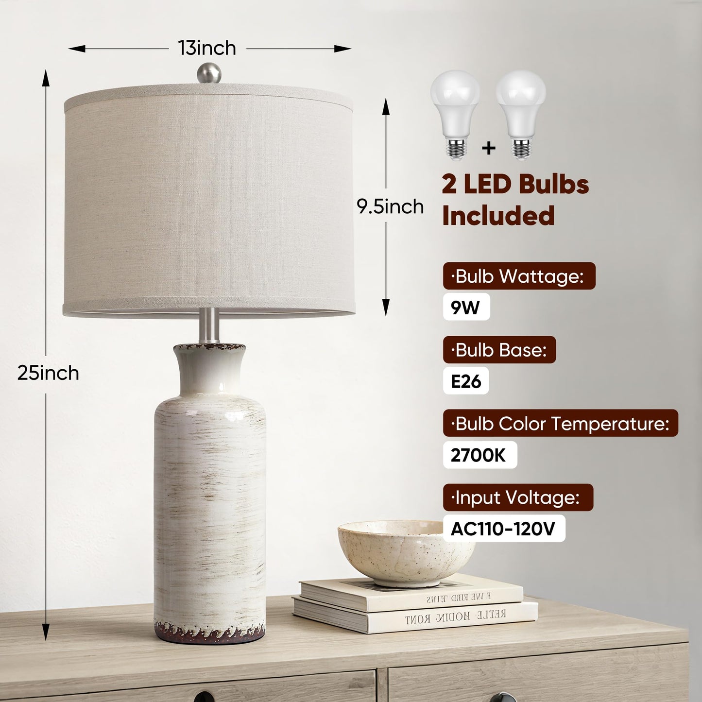 QiMH 25" Modern Lamps for Living Room, Unique Flowing Glazes Ceramic Table Lamp Set of 2 with Linen Lampshade, Beige Rustic Farmhouse Beside Lamps for Bedroom Nightstand Home Decor(Bulb Included)