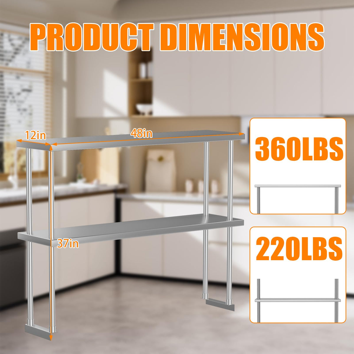 Garvee 12 in x48 in Stainless Steel Overshelf for Prep & Work Table, 360 LB Capacity Commercial 2 Tier Worktable Shelf, Adjustable Double Overshelf for Restaurant, Kitchen, Garage, Workshop