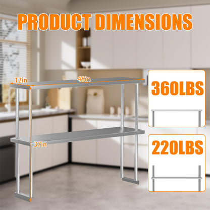 Garvee 12 in x48 in Stainless Steel Overshelf for Prep & Work Table, 360 LB Capacity Commercial 2 Tier Worktable Shelf, Adjustable Double Overshelf for Restaurant, Kitchen, Garage, Workshop