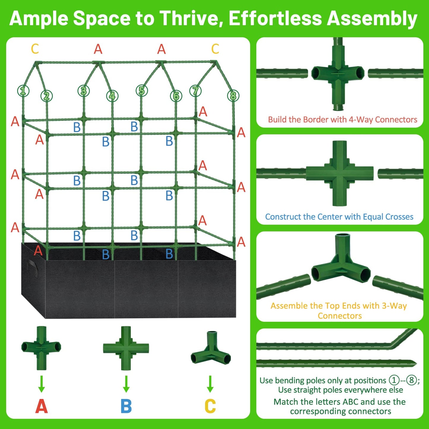 Sunwinx 50x65 Inch Cucumber Trellis for Raised Beds with Grow Bag, V-Frame Metal Plant Garden Trellis for Climbing Plants Outdoor with Climbing Net for Tomato Vegetable Grape Vine Bean Pea Squash