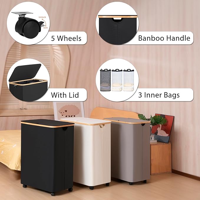Lagre Laundry Basket with Wheels, Laundry Hamper with Lid, 160L Clothes Hamper