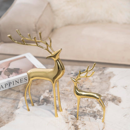 Reindeer Figurine Statues Deluxe Set of 2, Christmas Deer Pure Copper Heavy Reindeer Ornaments for Home Decor Accents Living Room Office Bookself Tabletop Mantle Christmas Decoration, Gold
