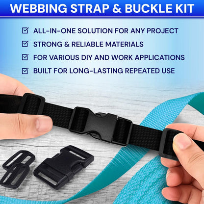 TECEUM Buckles & Strap Kit – 1" Black Nylon Webbing 6 (yd) – 6 Heavy Duty Adjustable Plastic Buckles – 12 Tri-Glide Slide Clips – 6 Metal D-Ring – Ideal Straps for Arts Crafts Outdoors Indoors DIY