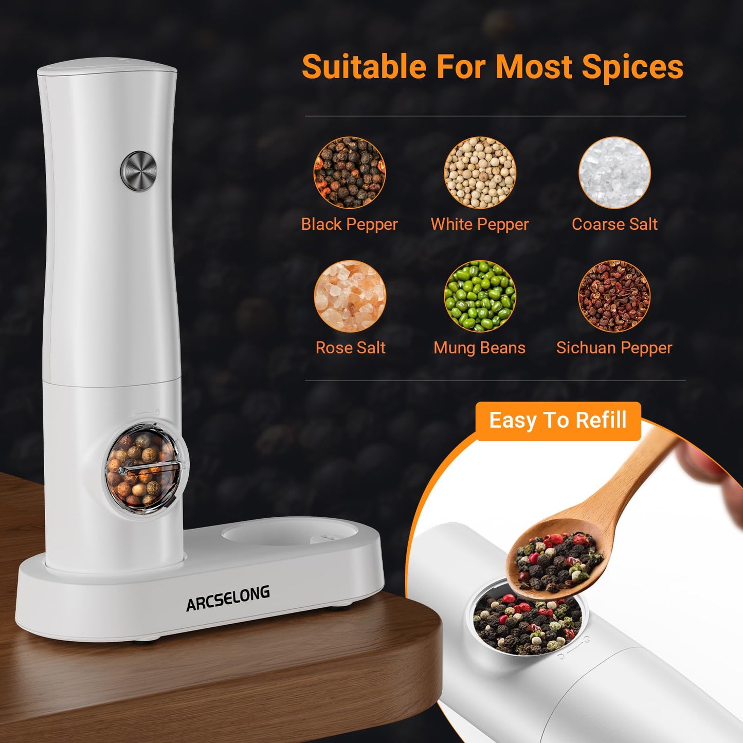 Arcselong Electric Salt And Pepper Grinder Set With Type-C Rechargeable Base, No Battery Needed, Adjustable Coarseness Electronic Spice Mill Shakers Salt And Pepper Shakers Refillable