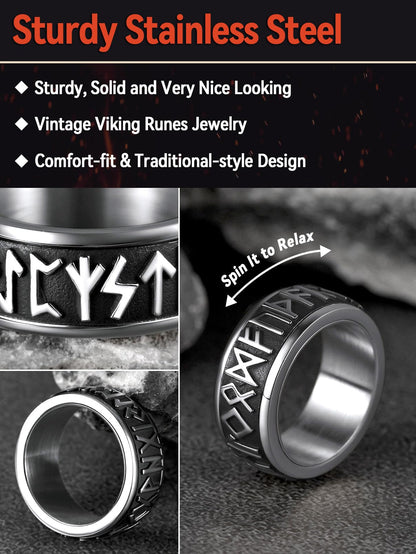 FaithHeart Viking Rings Men Stainless Steel Fidget Ring Spinning Jewellery Norse Runes Band Cool Boys Ring Size O