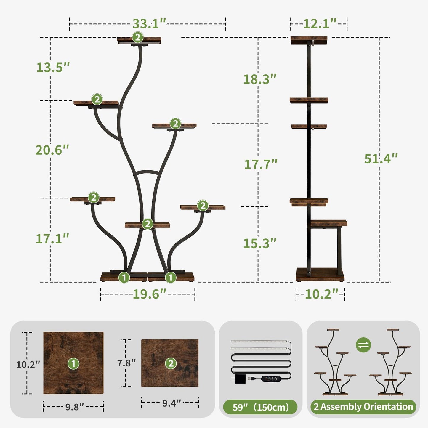 Plant Stand Indoor with Grow Lights, 7 Tiered Indoor Plant Shelf, Corner Plant Stands for Indoor Plants, Metal Plant Shelf Flower Display, Seaweed-Shaped Plant Rack for Living Room, Patio, Black