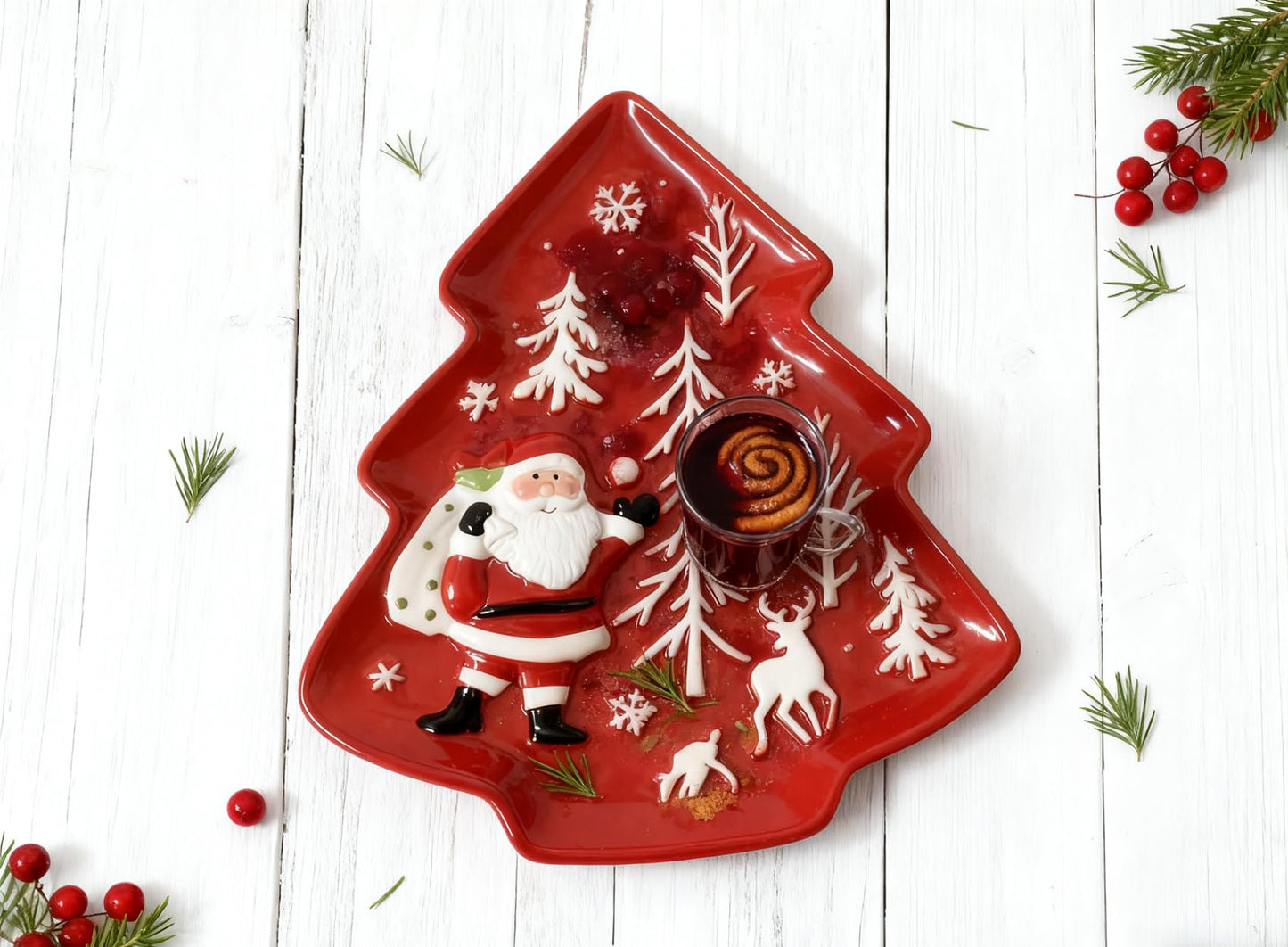 Loticy 10.3 Inches Christmas Tree Plates Chip & Dip Set, Red Xmas Ceramic Snack Plate, Santa Claus High Relief Porcelain Appetizer Dessert Fruit Salad Saucers Bowls, Cutlery Platter Serving Dishes