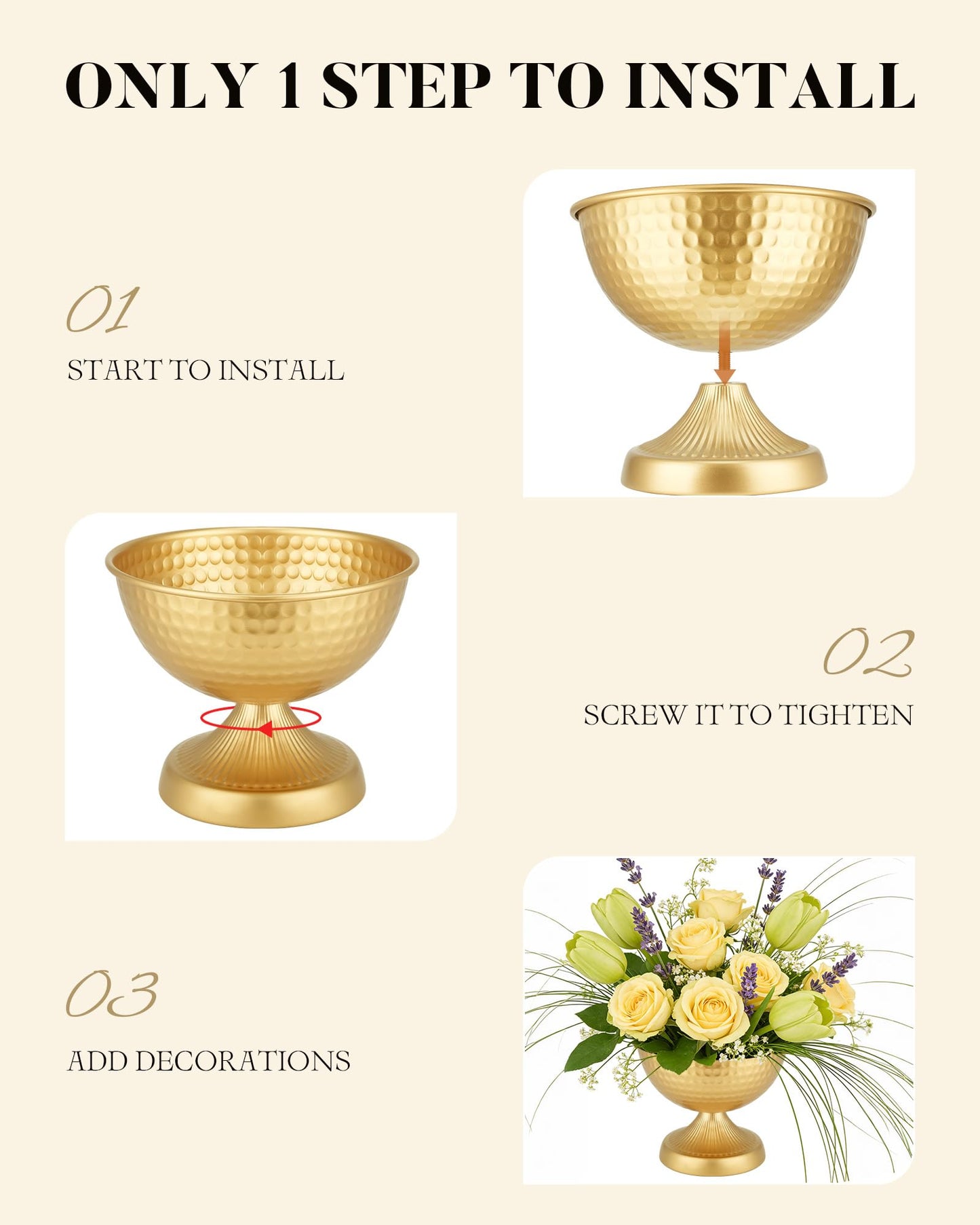 AURABEE Gold Compote Vase Set of 4, Pedestal Gold Vases for Centerpieces Metal Urn Flower Pot Vase Pack, Electroplated Rust-Proof Compote Pedestal Vases for Wedding Centerpieces- 5.9 Inches