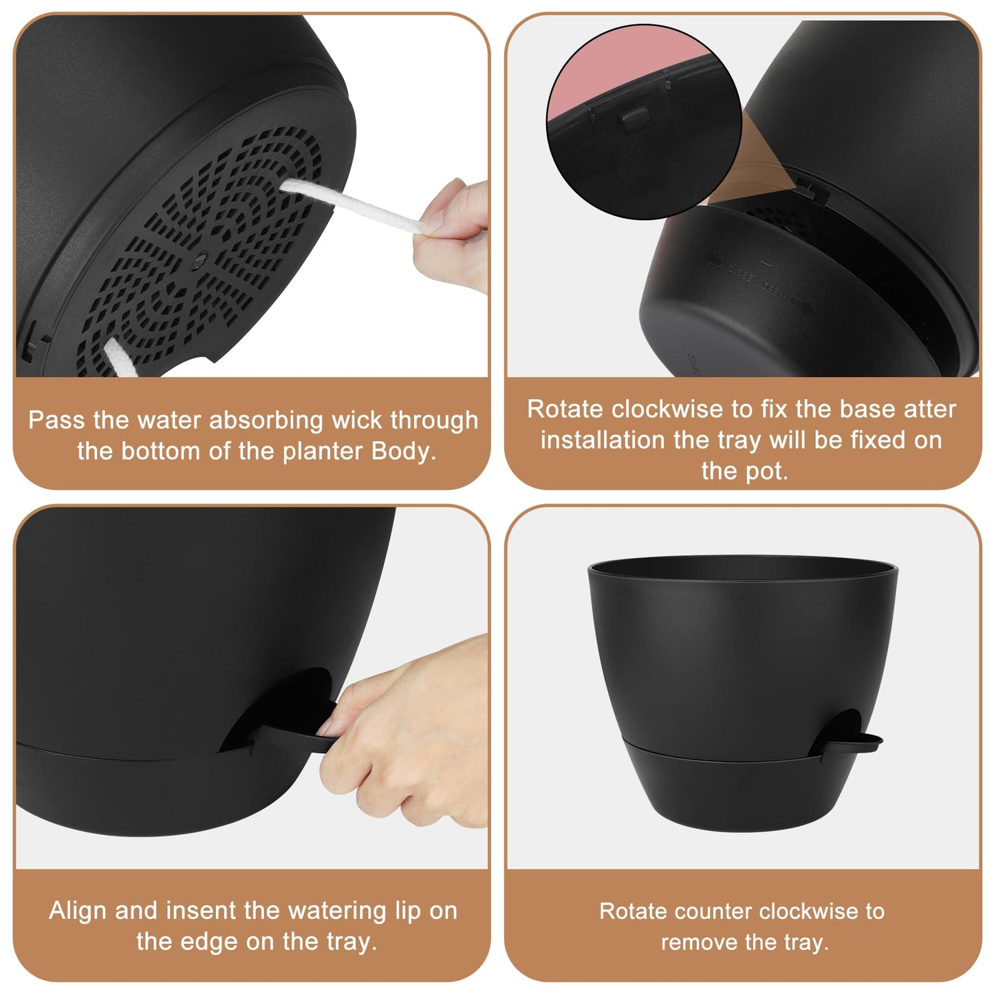 QRRICA Plant Pots 10/9/8/7.5/7 Inch Self Watering Pots, Set of 5 Plastic Planters with Drainage Holes and Saucers,Plastic Flower Pots,Nursery Planting Pot for Indoor Out Door Plants(All Black)