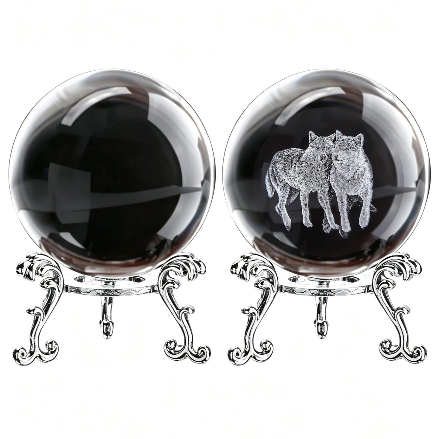 vskikris 2 Pcs 3D Wolves Crystal Balls with Silver Stand