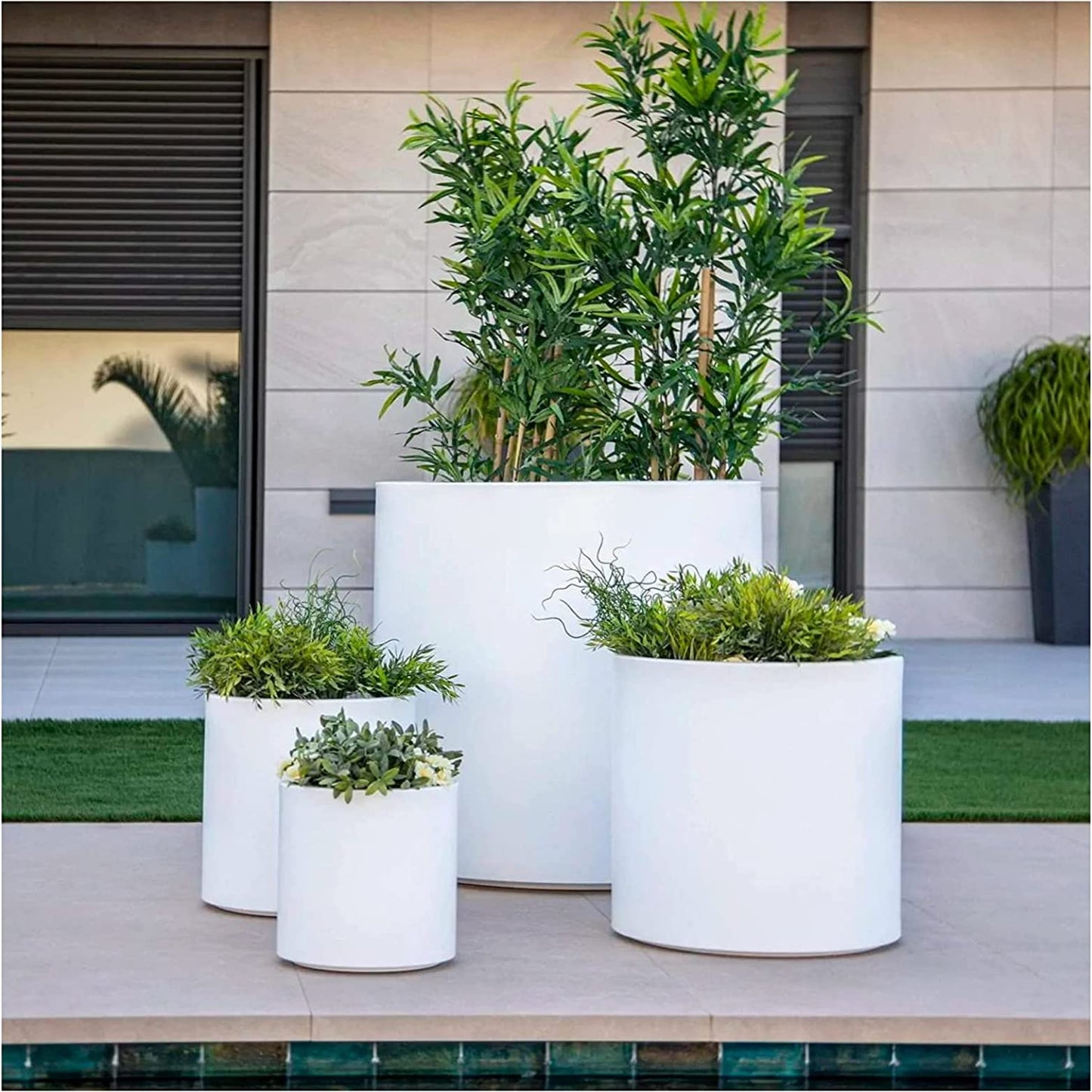 Elly Décor 12 inch Round Cylinder Plastic Planter with Drainage, Round Classic Smooth Texture, Lightweight & Extremely Durable 12" x 12" Cylinder Pot White