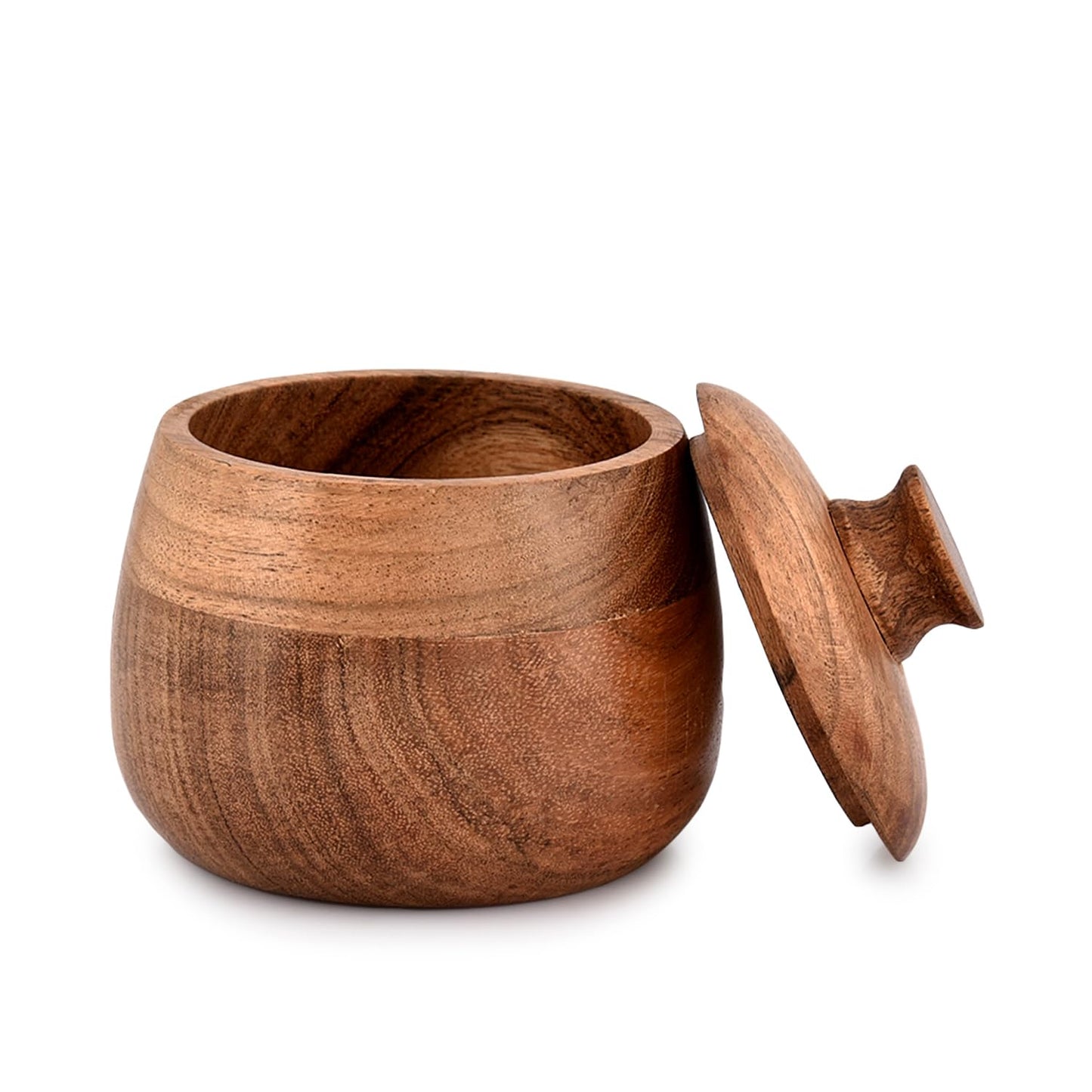Kimona Round Acacia Wood Condiment Pot With Lids, for Salt Sugar Pepper or Chili Powder, Set Of 2 for Kitchen, Serving, Condiment, (3" x 3" x 4”)