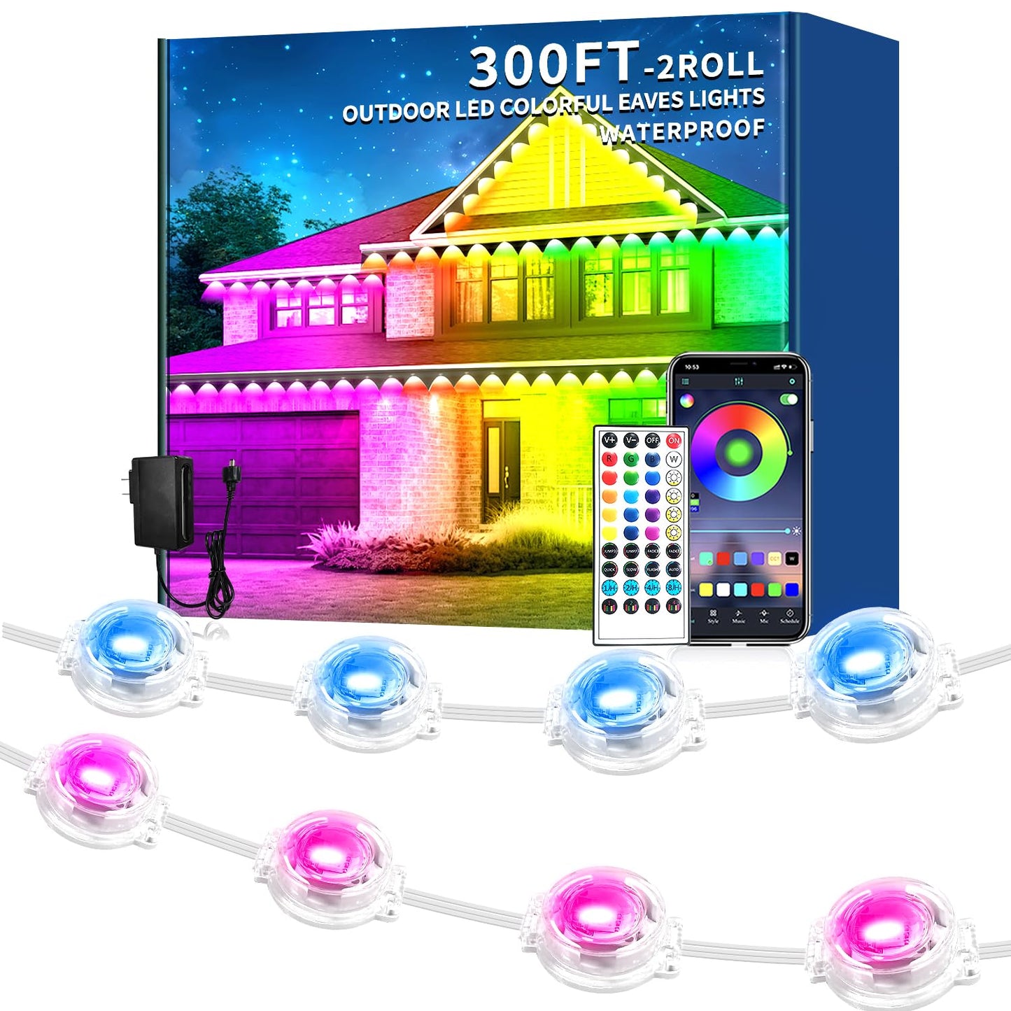 Rroetxi 300FT Permanent Outdoor Lights, IP67 Waterproof LED Lights, App/Remote Control Outside Light, Permanent Christmas Lights for House Christmas Party Festival Decoration (2 Rolls, 150 FT)