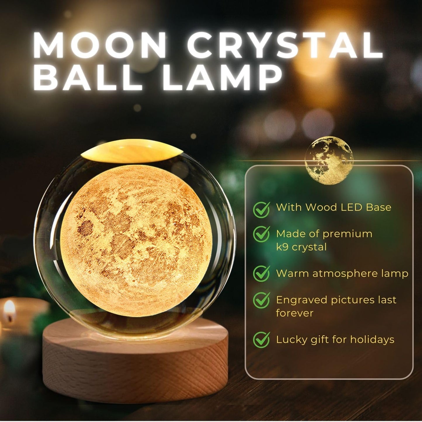 Flexzion 3D Moon Crystal Ball Night Light 80mm (3.15 Inch), LED Glass Sphere Lamp with Solid Wood Base, USB Powered Adjustable Brightness Desk Decor Gift