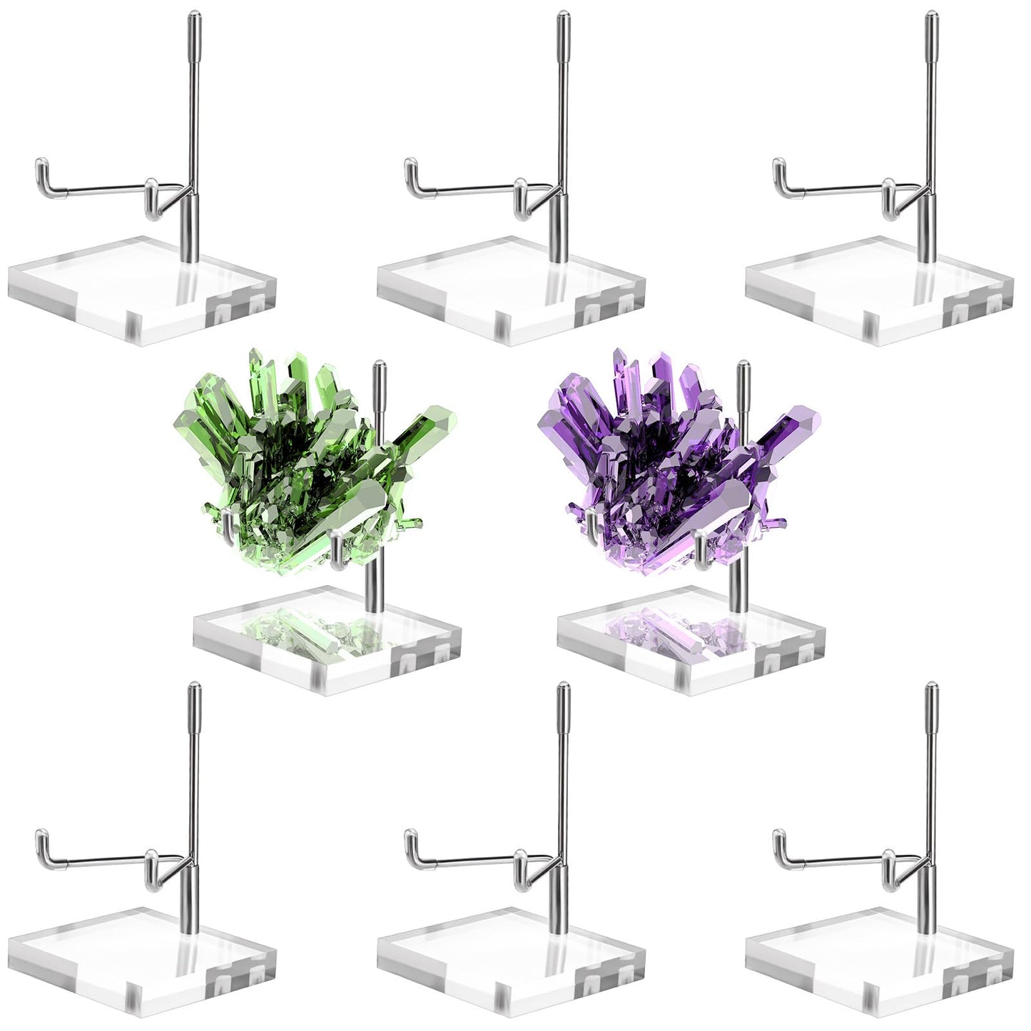 Tolare 8 Pcs Rock Display Stand with Acrylic Base, Adjustable Metal Arm Crystal Display Stand, Silver Small Holder for Gemstones, Fossils, Crystal, Minerals, Agate(2.4 X 2.4 X 4.1 Inches)