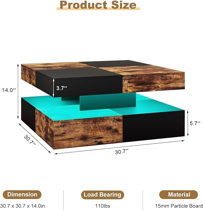 HedoAjim LED Coffee Table for Living Room, Living Room Table 2-Tier Square