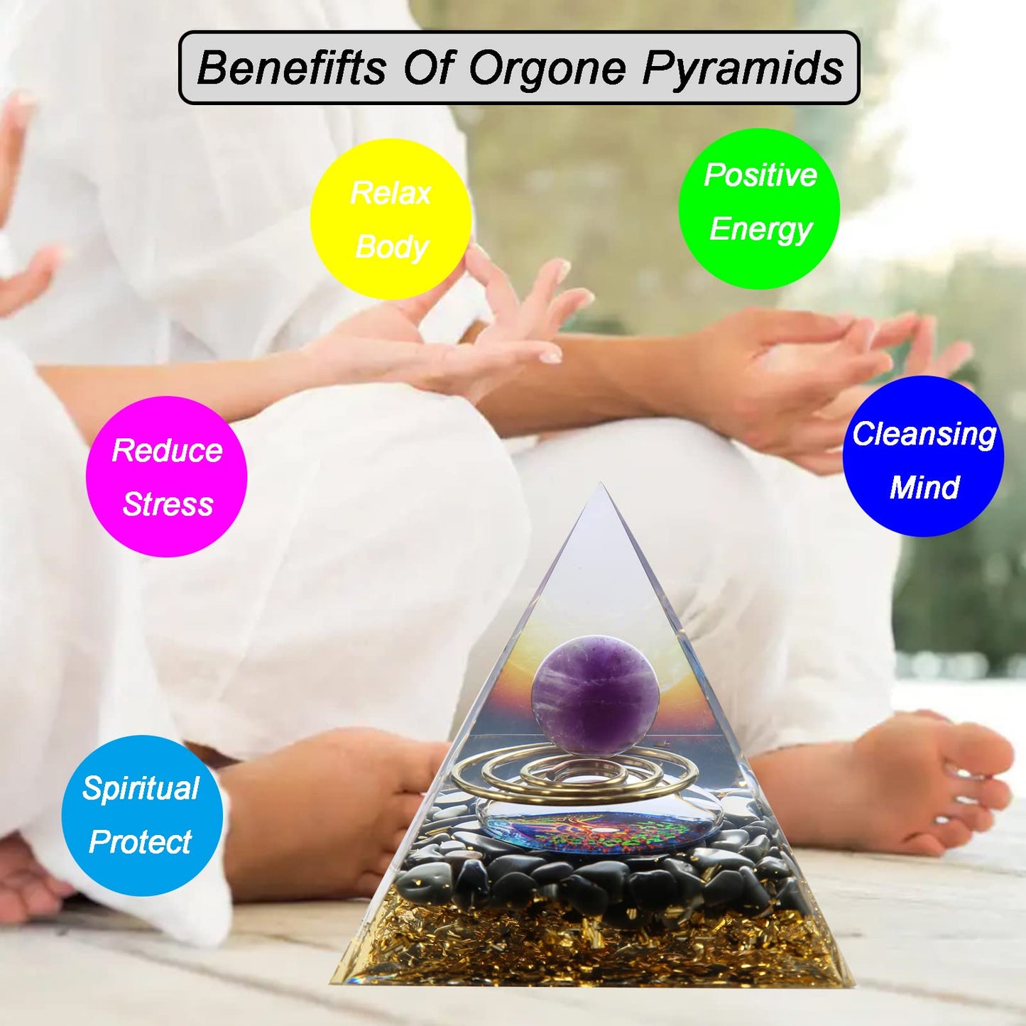 Orgone Pyramid - Positive Energy Source for Meditation, Stress Relief, Wealth Attraction | Crystal Pyramid Orgonite with Protection Crystals | Ideal Energy Generator & Stylish Room Decor