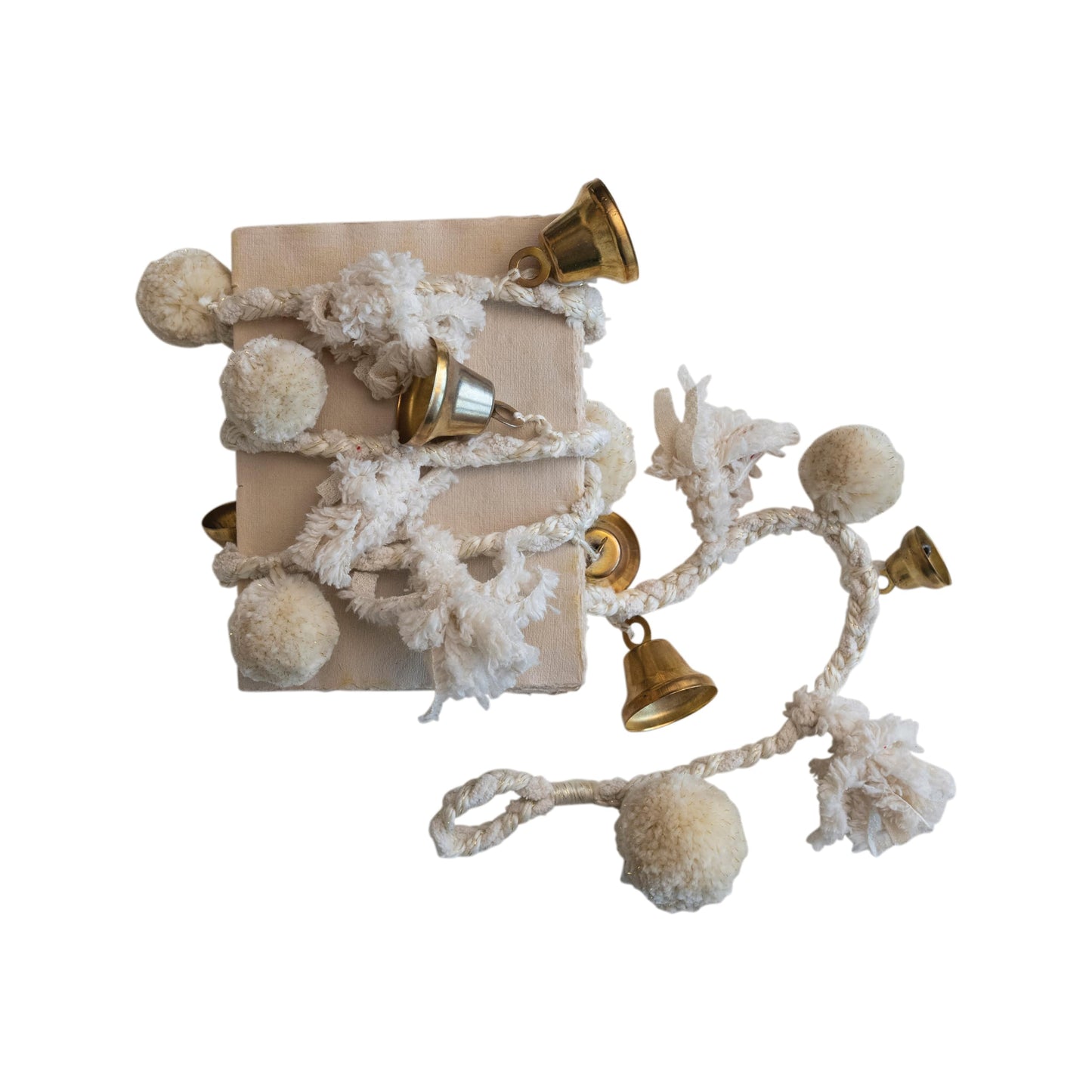 Creative Co-Op Handmade Wool and Cotton Blend Pom Pom and Bell Garland, Natural and Brass Finish